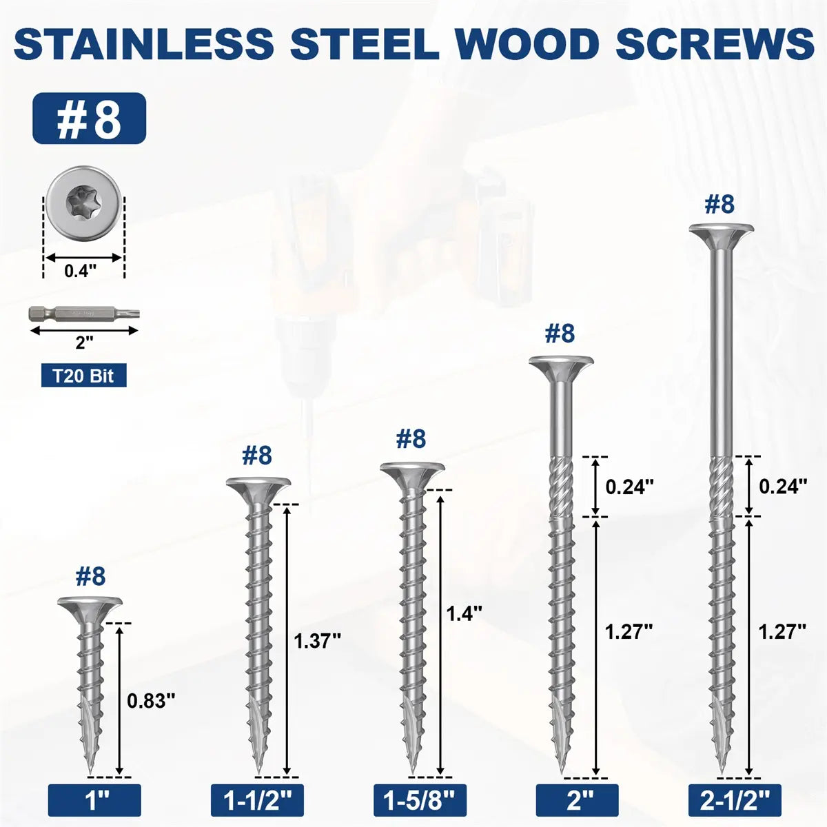 #8 x 1 Stainless Steel Deck Screws, 410 Grade Stainless Steel