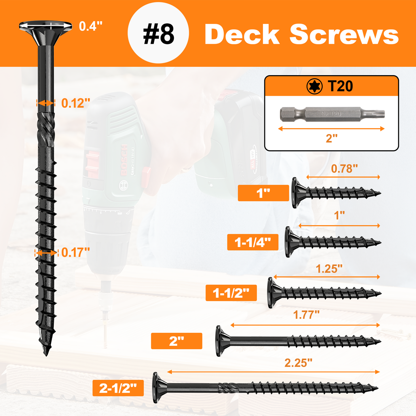 #8 x 1" Deck Screws, Star Drive Wood Screws, Rust Resistant Timber Screws for Timber/Log/Landscaping Wood, T20 Star Bit Included, Black