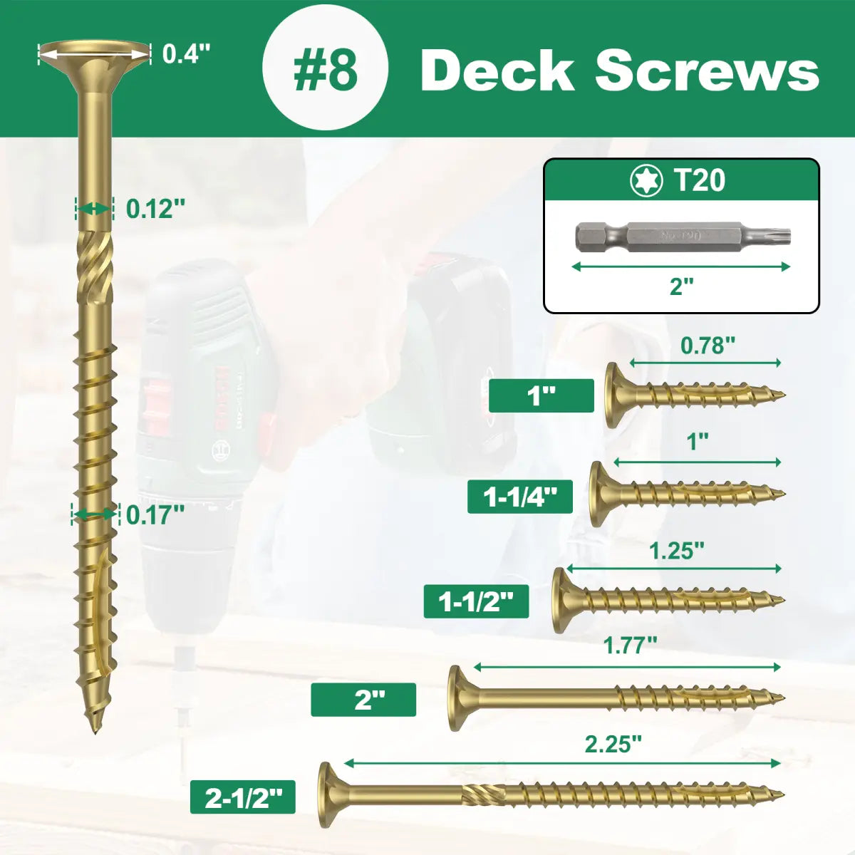 #8 x 1” Deck Screws, Star Drive Wood Screws, Gold