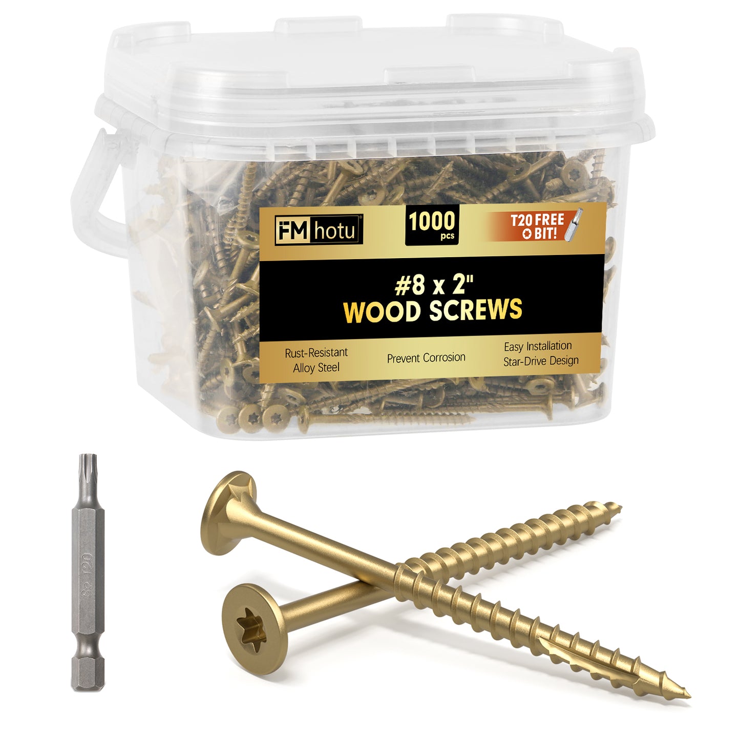 #8 x 2" Deck Screws, Star Drive Wood Screws, Rust Resistant Timber Screws for Timber/Log/Landscaping Wood, T20 Star Bit Included, Gold