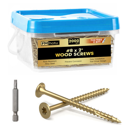 #8 x 2" Deck Screws, Star Drive Wood Screws, Rust Resistant Timber Screws for Timber/Log/Landscaping Wood, T20 Star Bit Included, Gold