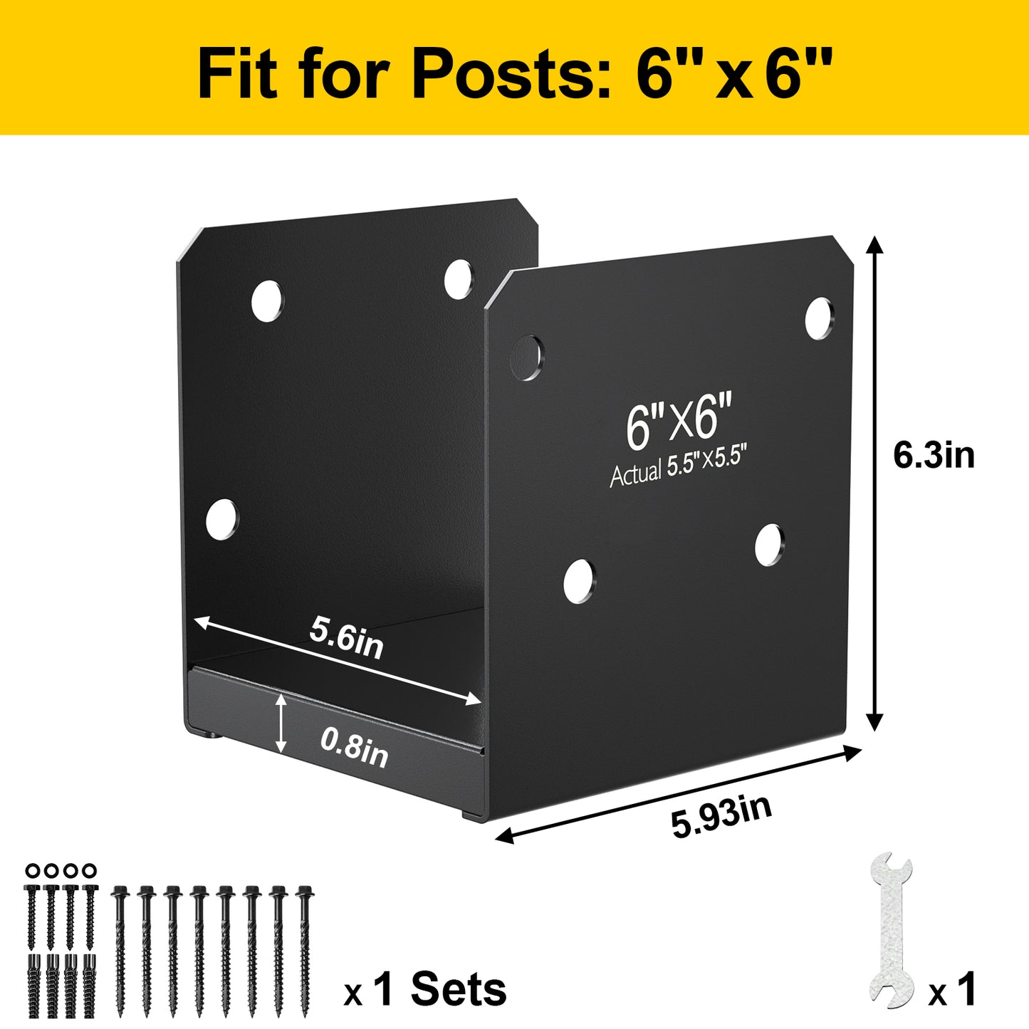 FMhotu 6x6 Stainless Steel Post Base,Internal 5.5 x 5.5 Anchor Bracket,Deck Concrete Support Anchor for Deck Railing, Fences, Mailboxes (1Pcs Black)