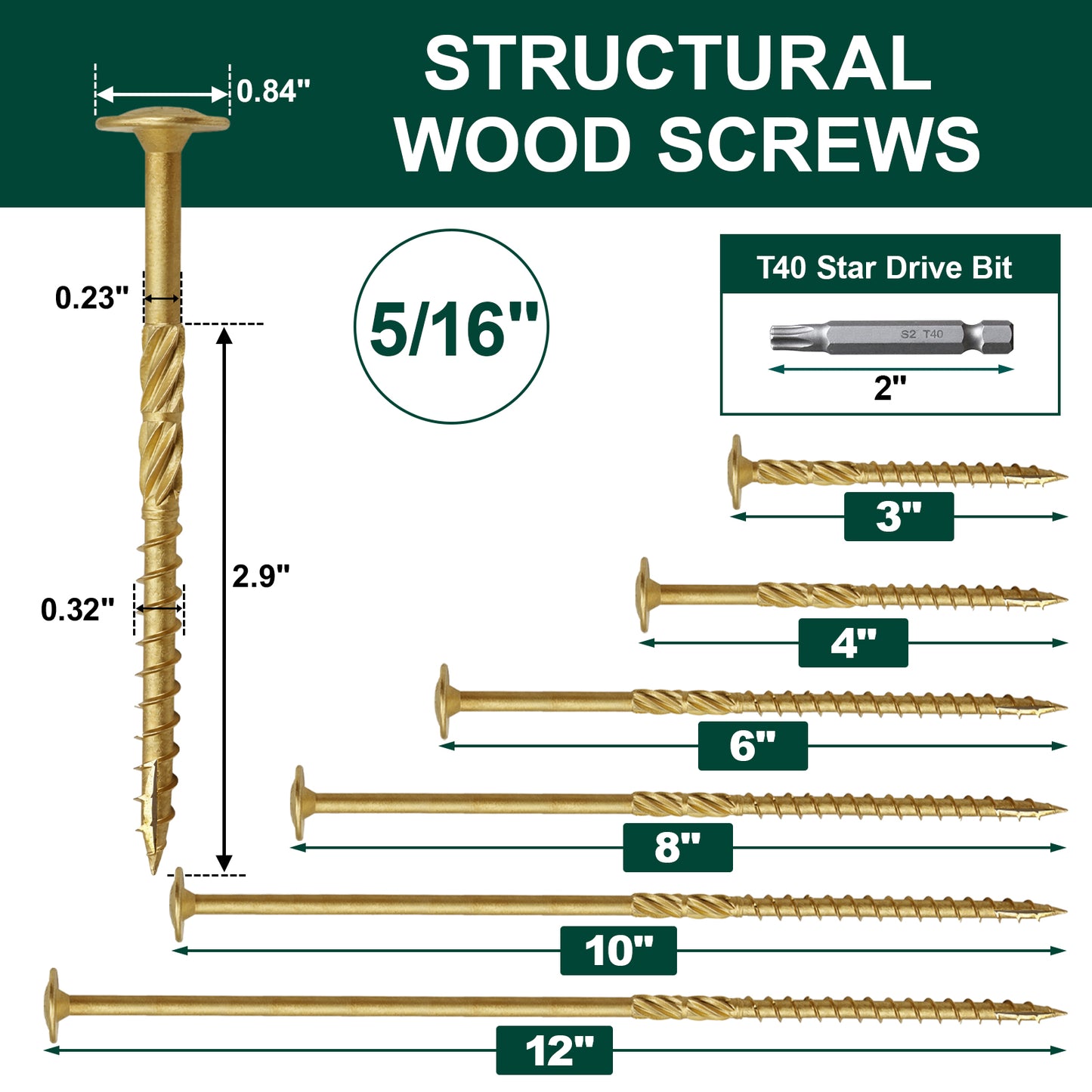 FMhotu Lag Screws, 5/16" x 8" Structural Screws, Construction Lag Screws, Rust Resistant, T40 Star Drive Bit