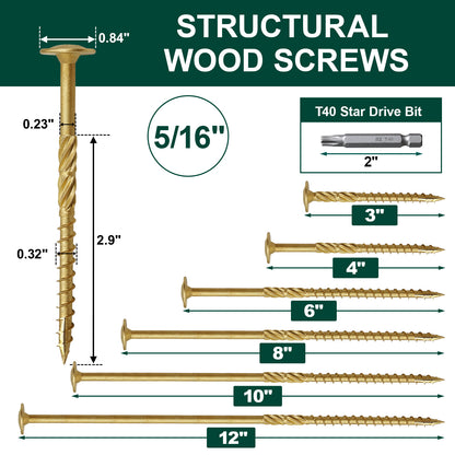 FMhotu Lag Screws, 5/16" x 8" Structural Screws, Construction Lag Screws, Rust Resistant, T40 Star Drive Bit