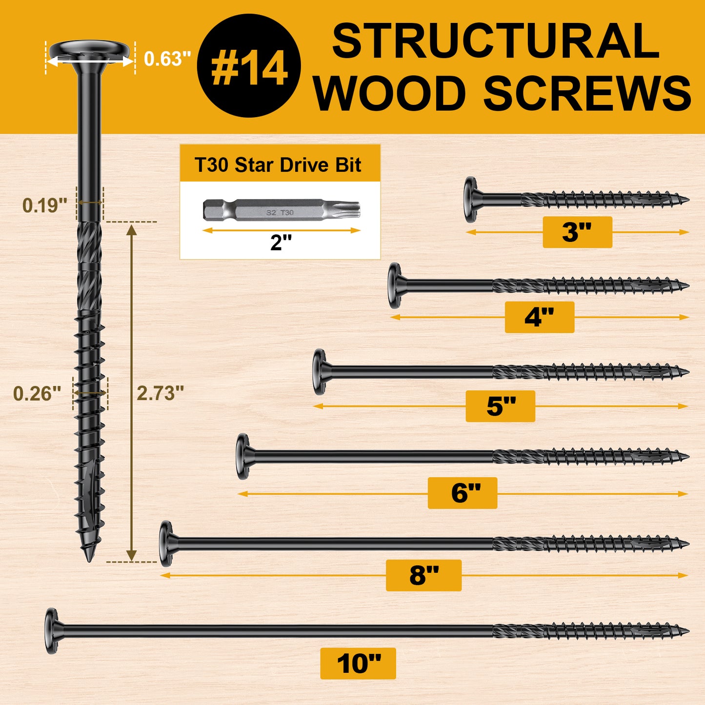 #14 x 5 Wood Structural Lag Screws Star Drive Decking Wood Screws, Rust Resistant Timber Screws for Timber/Log/Landscaping