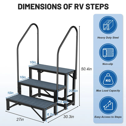 RV Steps with Handrail, 3 Steps with 2 Handrail Hot Tub Steps with Non-Slip Mats