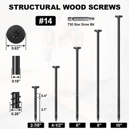 FMhotu #14 Heavy-Duty Wood Screws, Star Drive Deck Screws, Rust Resistant Timber Screws for Timber/Log/Landscaping Wood (10 Inch,Black)