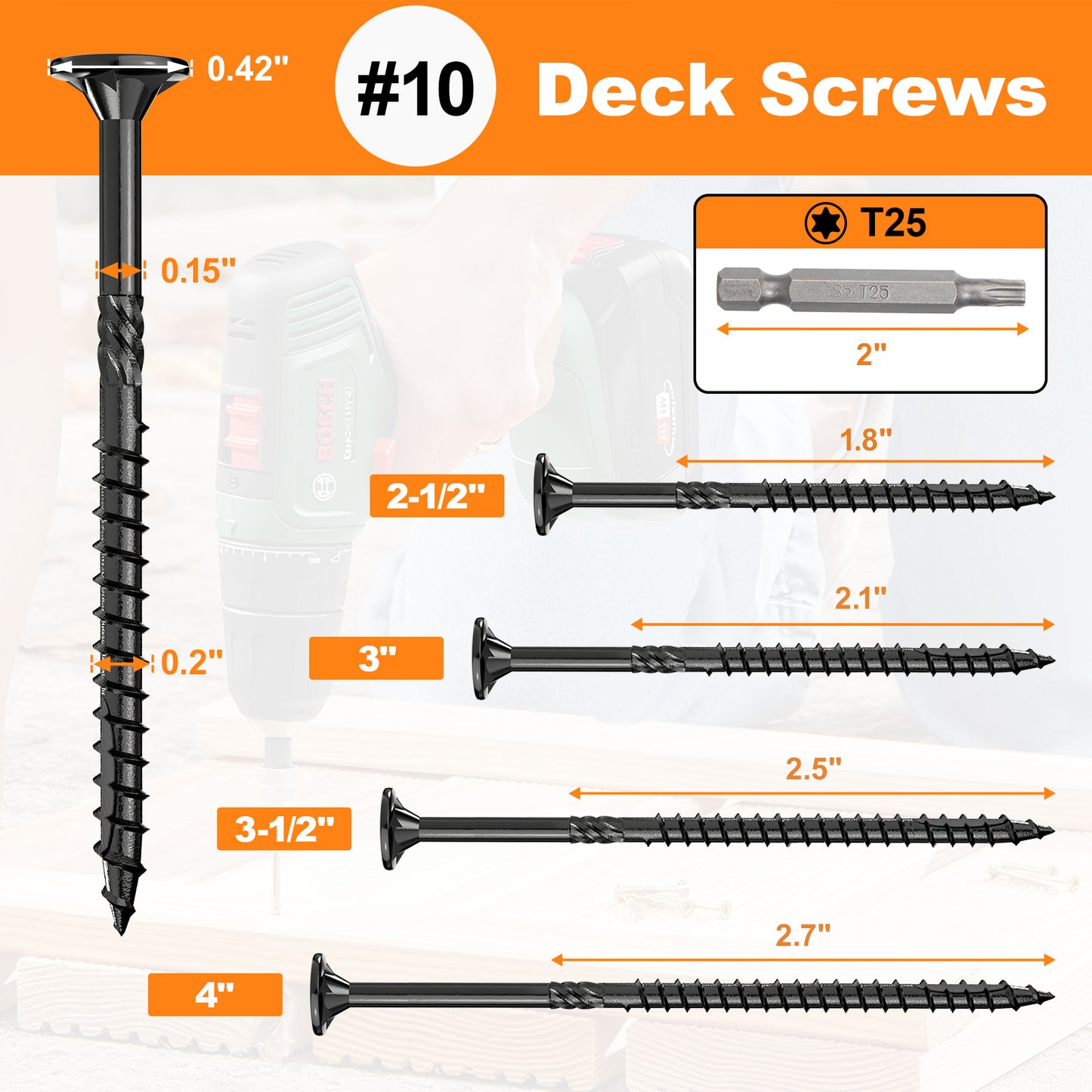 #10 x 4” Deck Screws, Star Drive Wood Screws