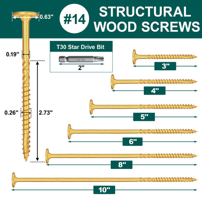 #14 x 10 Inch Wood Structural Lag Screws Star Drive Decking Wood Screws, Rust Resistant Timber Screws for Timber/Log/Landscaping (Yellow)