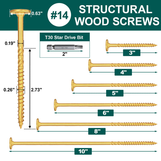 #14 x 10 Inch Wood Structural Lag Screws Star Drive Decking Wood Screws, Rust Resistant Timber Screws for Timber/Log/Landscaping (Yellow)