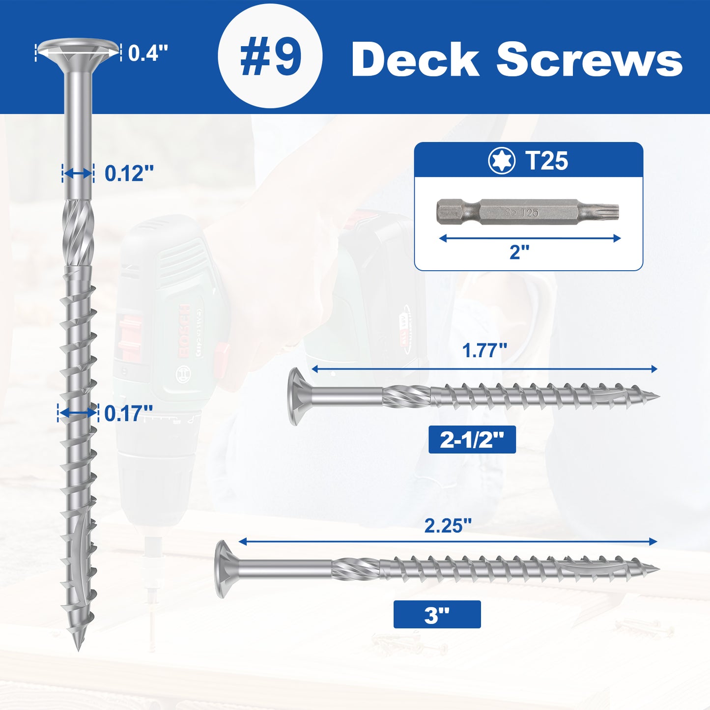 #9 x 2-1/2" Deck Screws, Star Drive Wood Screws