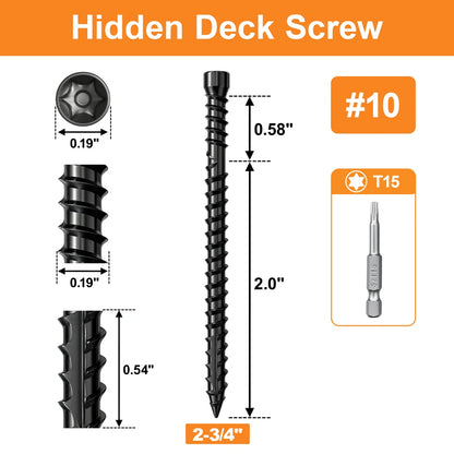#10 x 2-3/4" Hidden Deck Screws, Star Drive Countersunk Wood Screws