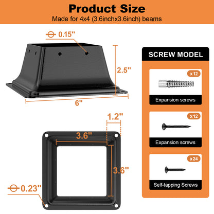FMhotu 4x4 Post Base, Internal 3.6"x3.6" Heavy Duty Powder-Coated Steel Post Bracket Fit for Standard Wood Post Anchor, Decking Post Base for Deck Porch Handrail Railing Support with Screws