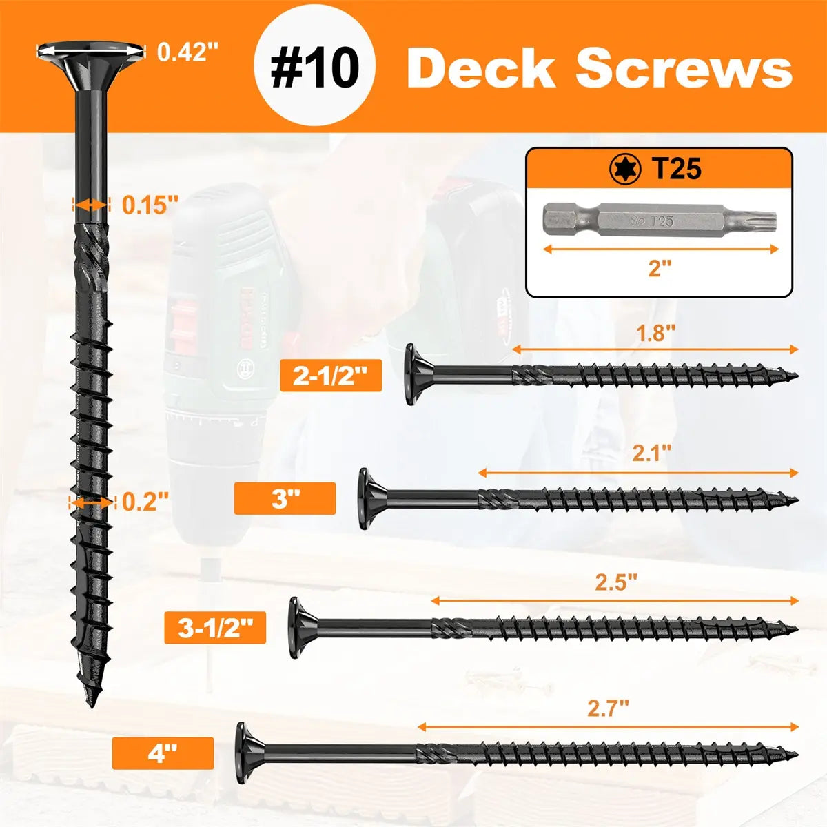 #10 x 3” Deck Screws, Star Drive Wood Screws