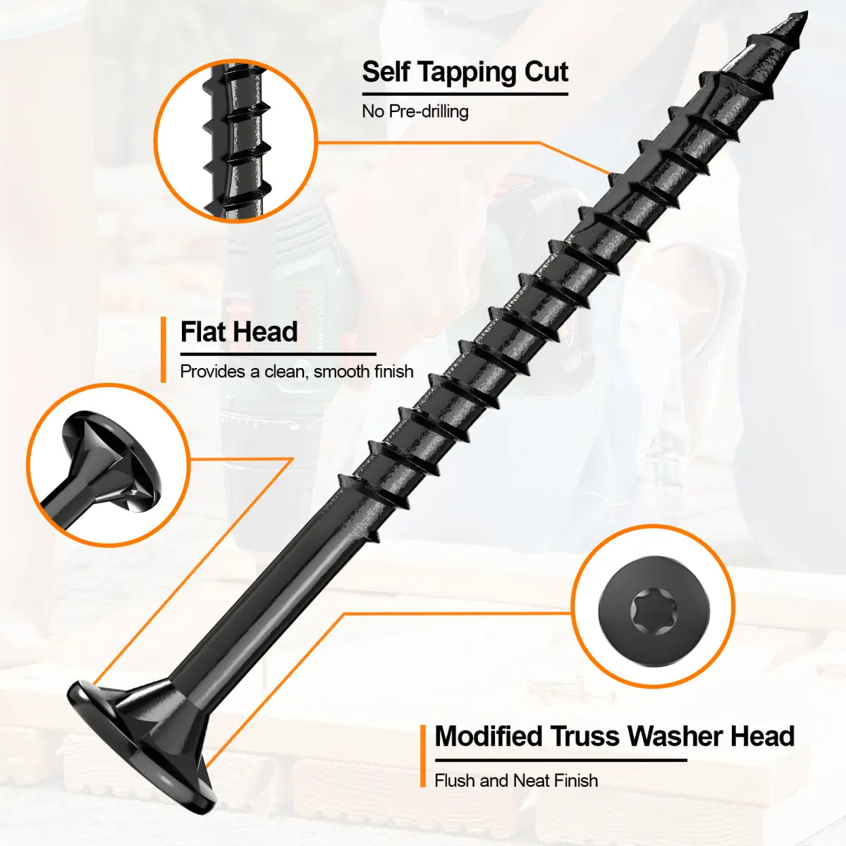 #8 x 2” Deck Screws, Star Drive Wood Screws, Black