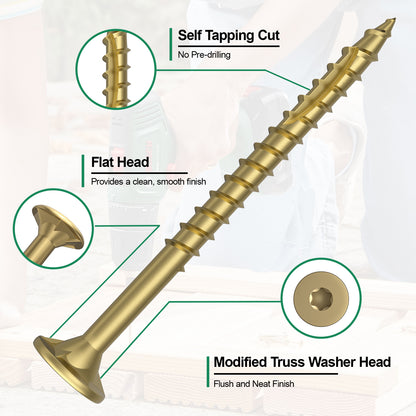 #8 x 1-1/4" Deck Screws, Star Drive Wood Screws, Rust Resistant Timber Screws for Timber/Log/Landscaping Wood, T20 Star Bit Included, Gold