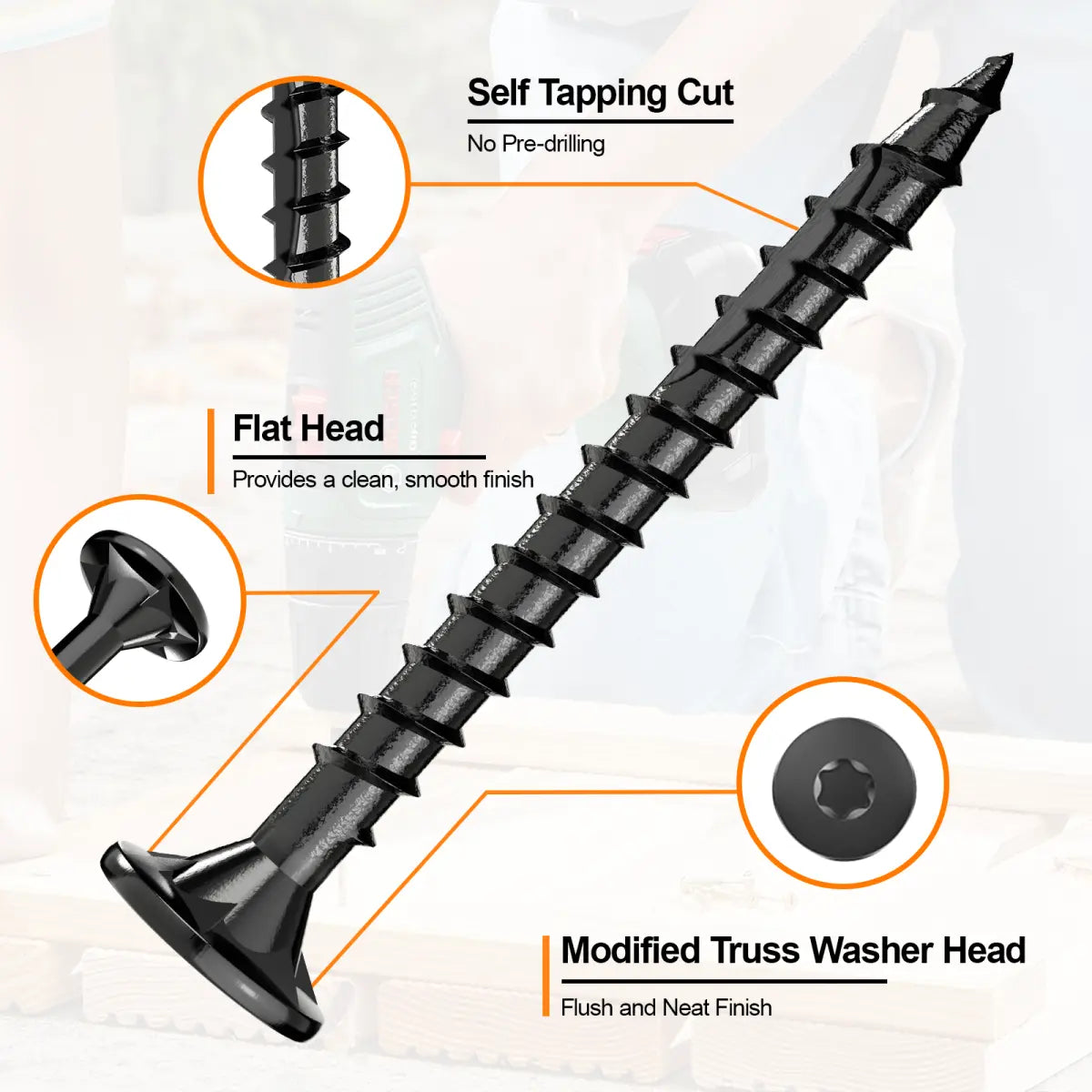 #8 x 1” Deck Screws, Star Drive Wood Screws, Black