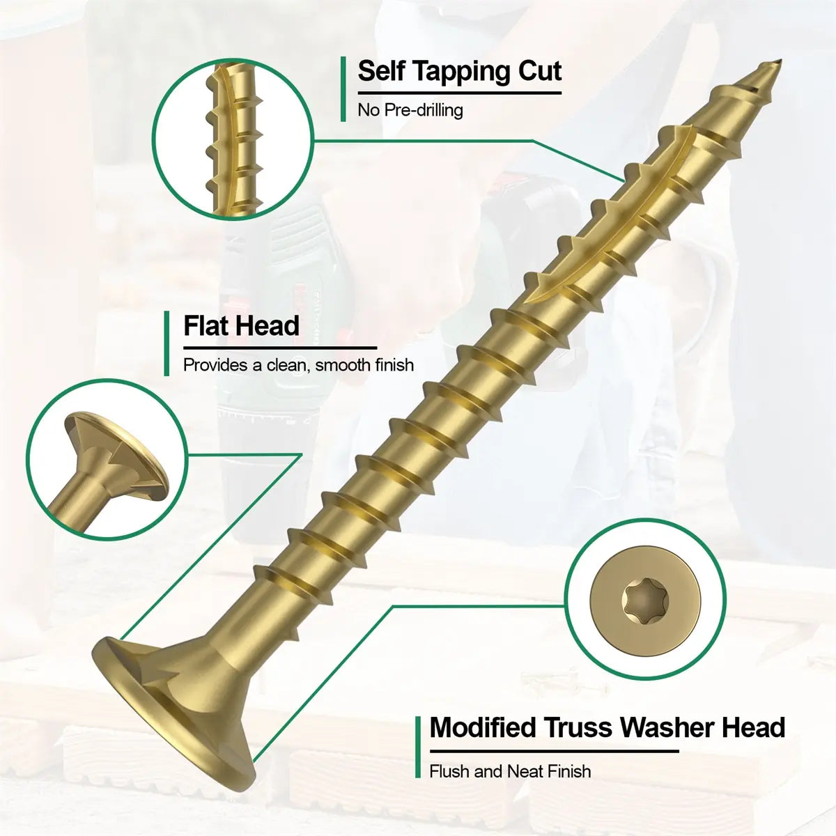 #8 x 1-1/2” Deck Screws, Star Drive Wood Screws, Gold