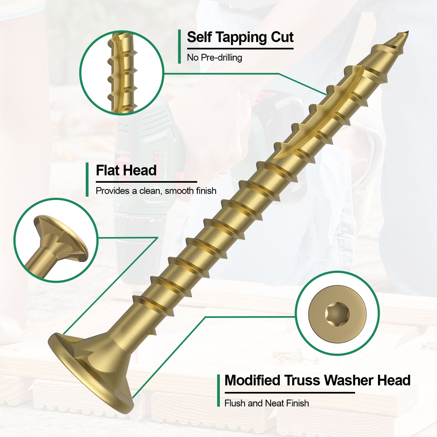 #8 x 1-1/2" Deck Screws, Star Drive Wood Screws, Rust Resistant Timber Screws for Timber/Log/Landscaping Wood, T20 Star Bit Included, Gold