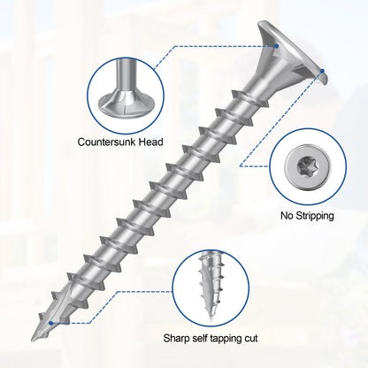 #8 x 1" Stainless Steel Deck Screws, Deck Screws T20 Star Bit, 410 Grade Stainless Steel, Rust Resistant Timber Screws for Log Landscaping Wood