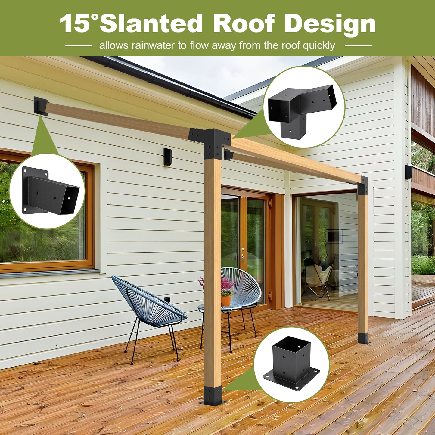 15° 3-Way 6pcs Slanted Roof Pergola Bracket Set, Roof Wall Mount Extension Bracket Kit,4" x 4" (Actual: 3.5x3.5 Inch) Powder-Coated Pergola Hardware for Porch,Gazebo, Backyard