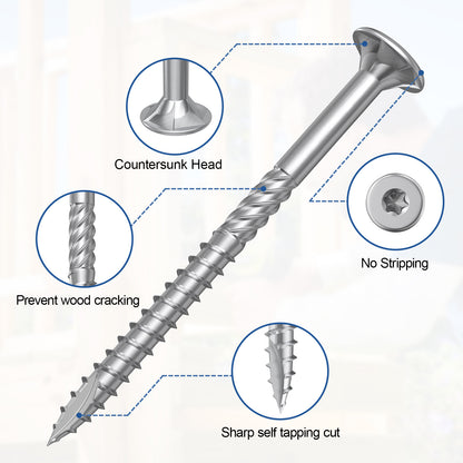 #10 x 3.5" Stainless Steel Deck Screws, Deck Screws T25 Star Bit, 410 Grade Stainless Steel, Rust Resistant Timber Screws for Log Landscaping Wood