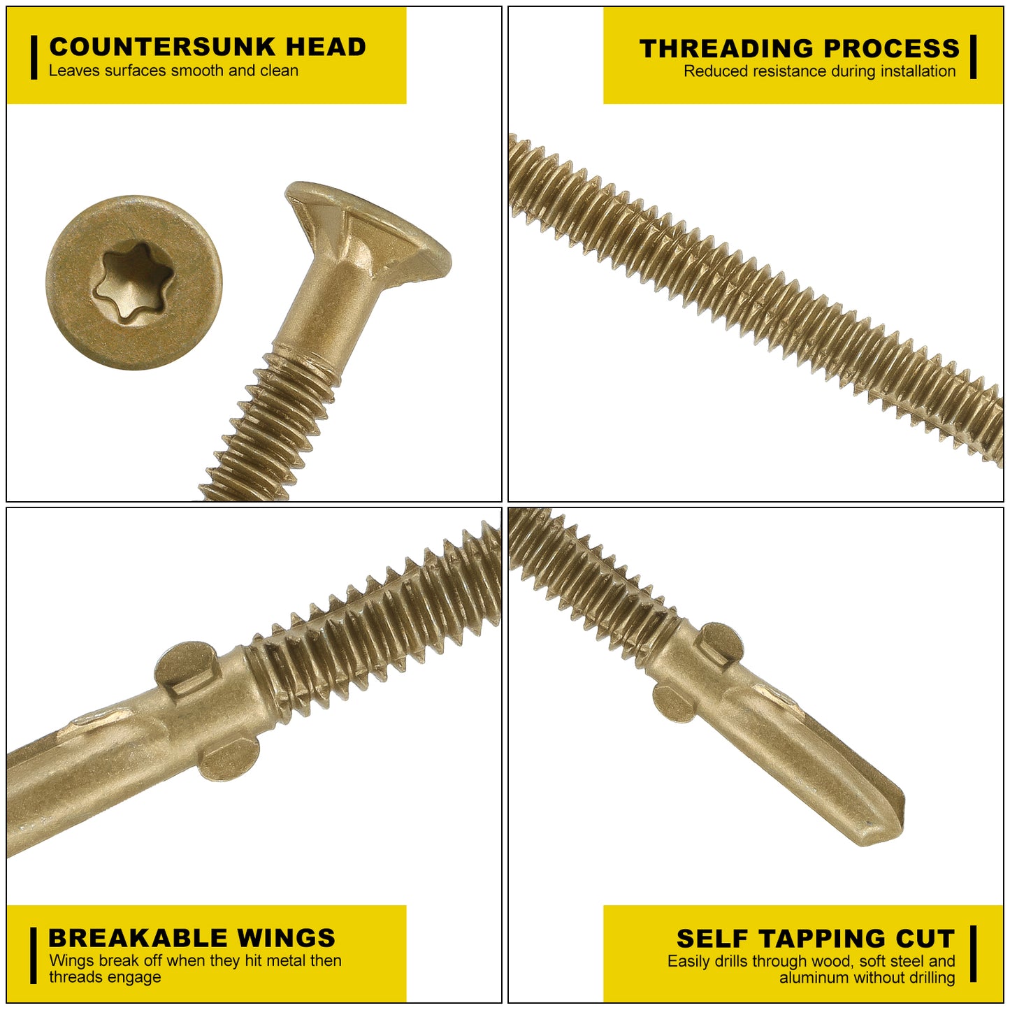 FMhotu #12 x 2-1/2" Trailer Deck Screws, Self-Tapping Sheet Wood Metal Screw, T25 Star Bits Reamer Tek Screws for Trailers, for Attaching Wood to Steel, Gold