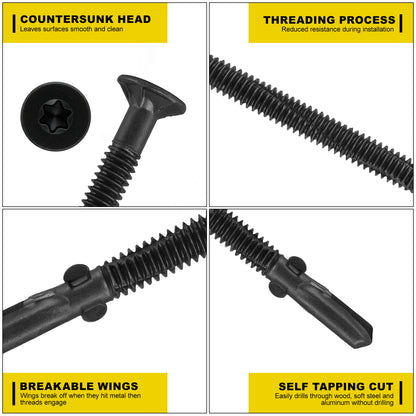 FMhotu #10 x 3" Trailer Deck Screws, Self-Tapping Sheet Wood Metal Screw, T25 Star Bits Reamer Tek Screws for Trailers, for Attaching Wood to Steel, Black
