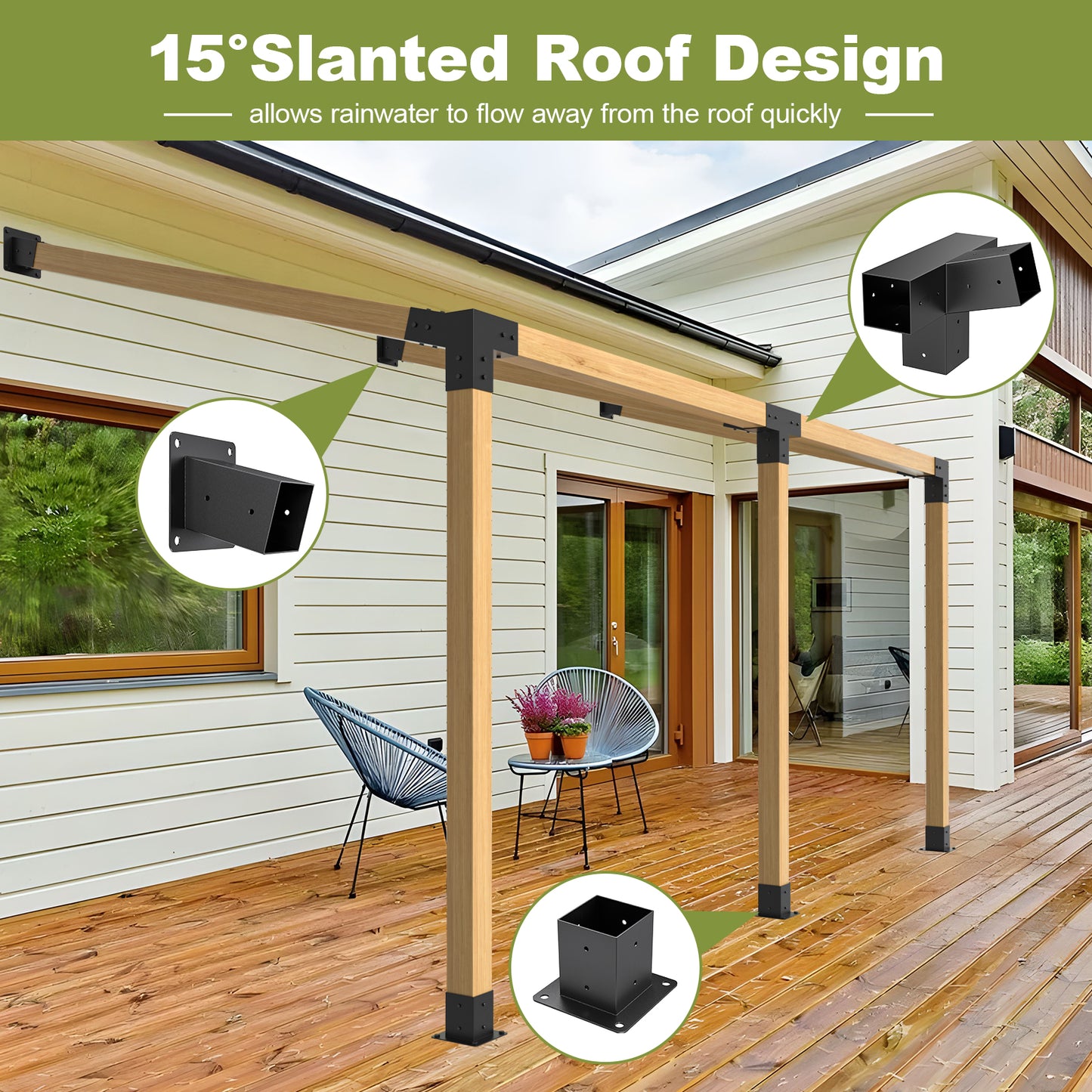 15° 4-Way 3pcs Slanted Roof Pergola Bracket Set, Roof Wall Mount Extension Bracket Kit,4" x 4" (Actual: 3.5x3.5 Inch) Powder-Coated Pergola Hardware for Porch,Gazebo, Backyard