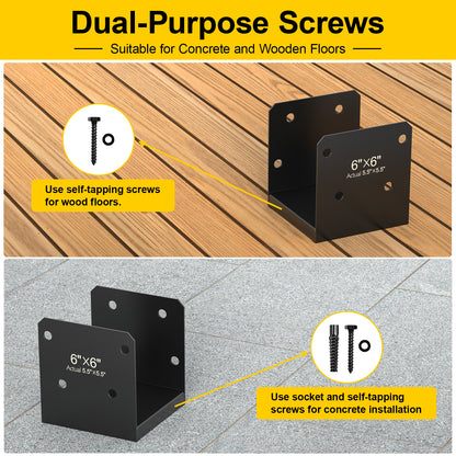 FMhotu 6x6 Stainless Steel Post Base,Internal 5.5 x 5.5 Anchor Bracket,Deck Concrete Support Anchor for Deck Railing, Fences, Mailboxes (1Pcs Black)