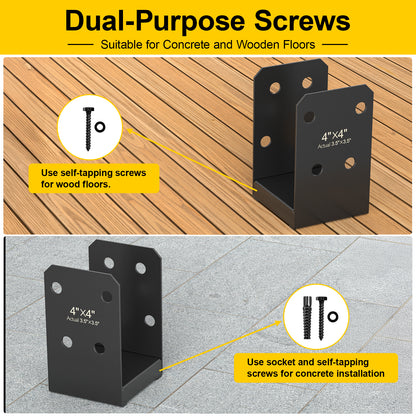 FMhotu 4x4 Stainless Steel Post Base,Internal 3.5 x 3.5 Anchor Bracket,Deck Concrete Support Anchor for Deck Railing, Fences, Mailboxes (4Pcs Black)