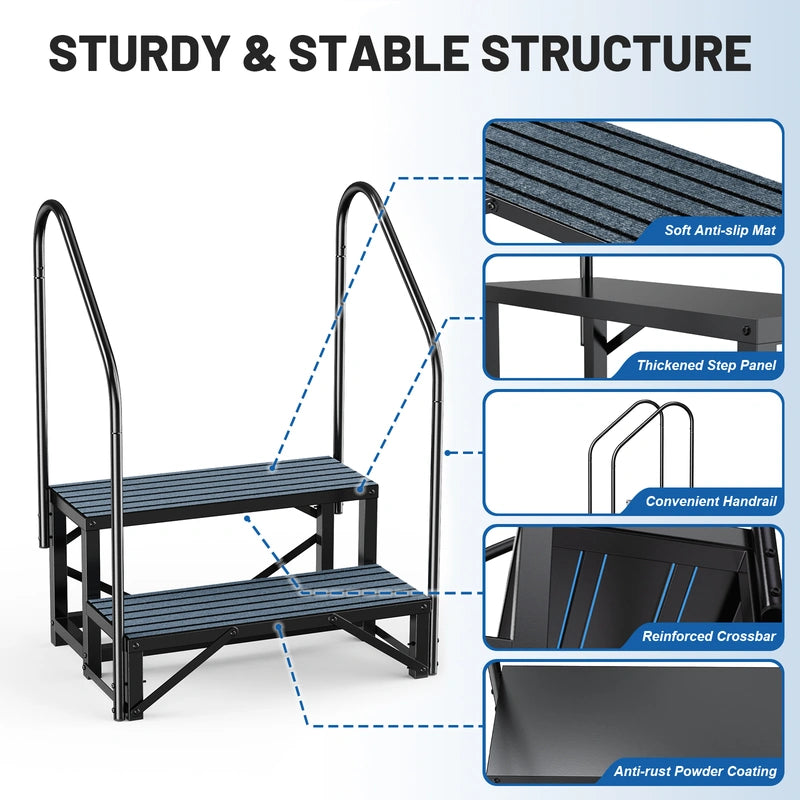 RV Steps with Handrail, 2 Steps with 2 Handrail Hot Tub Steps with Non-Slip Mats