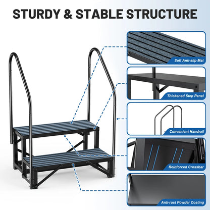 RV Steps with Handrail, 2 Steps with 2 Handrail Hot Tub Steps with Non-Slip Mats