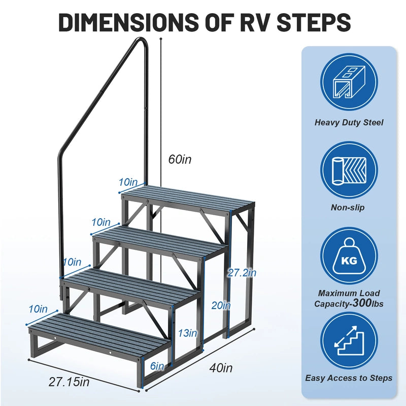 RV Steps with Handrail, 4 Steps with 1 Handrail Hot Tub Steps with Non-Slip Mats