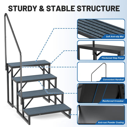 RV Steps with Handrail, 4 Steps with 1 Handrail Hot Tub Steps with Non-Slip Mats
