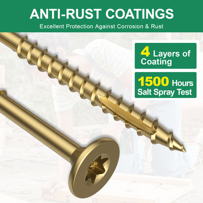 #8 x 1-1/4" Deck Screws, Star Drive Wood Screws, Rust Resistant Timber Screws for Timber/Log/Landscaping Wood, T20 Star Bit Included, Gold