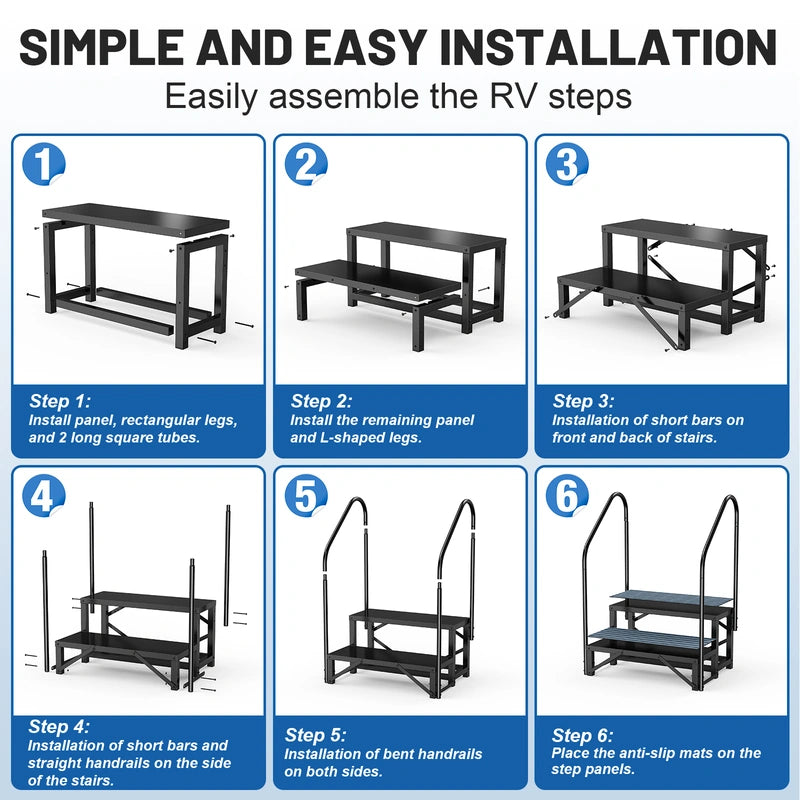 RV Steps with Handrail, 2 Steps with 2 Handrail Hot Tub Steps with Non-Slip Mats
