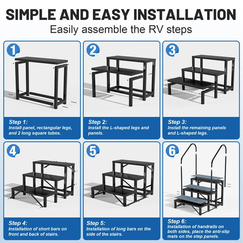 RV Steps with Handrail, 3 Steps with 2 Handrail Hot Tub Steps with Non-Slip Mats