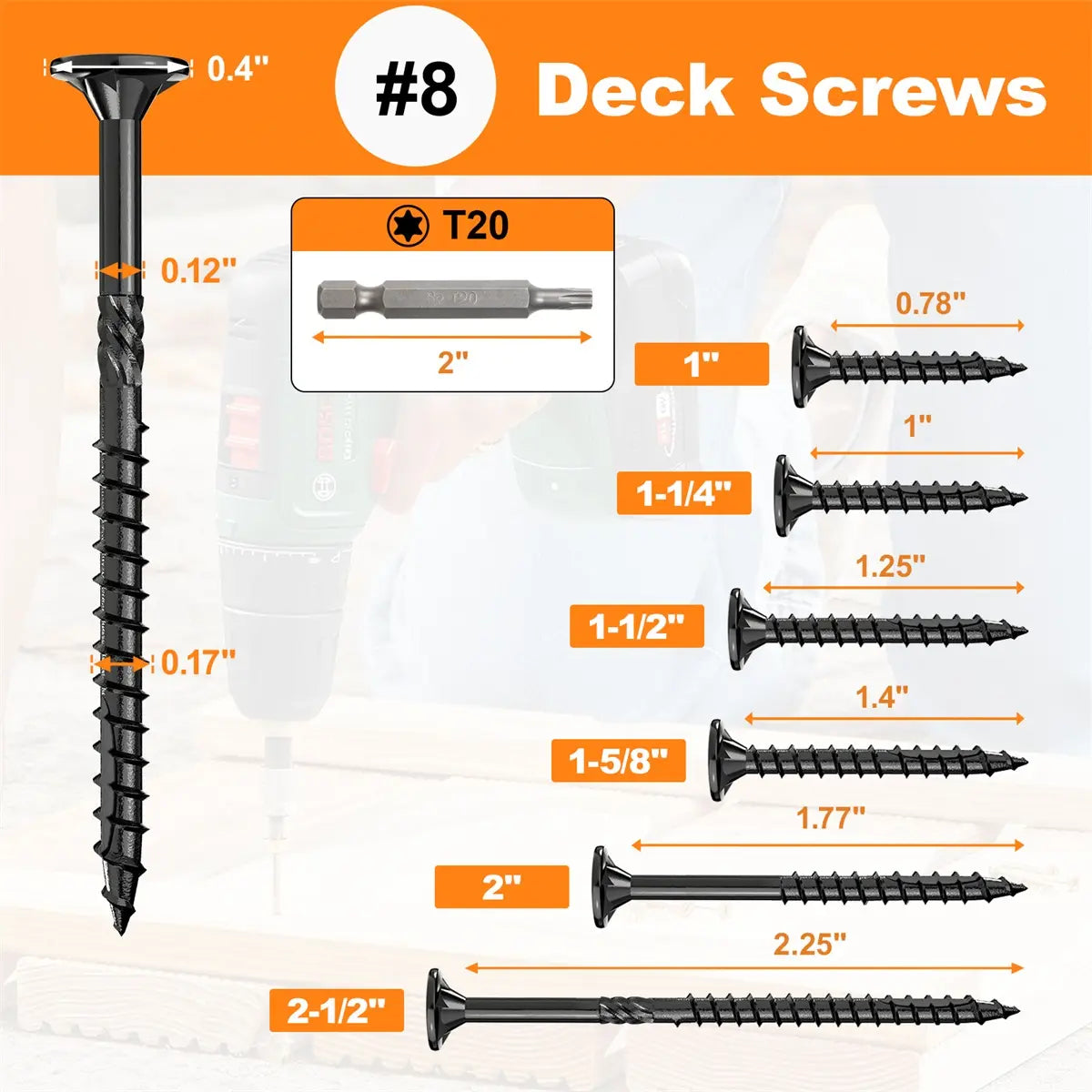 #8 x 1” Deck Screws, Star Drive Wood Screws, Black