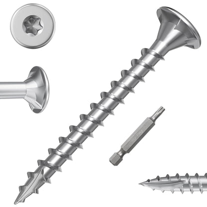#8 × 1-5/8" Stainless Steel Deck Screws, Deck Screws T20 Star Bit, 410 Grade Stainless Steel, Rust Resistant Timber Screws for Log Landscaping Wood