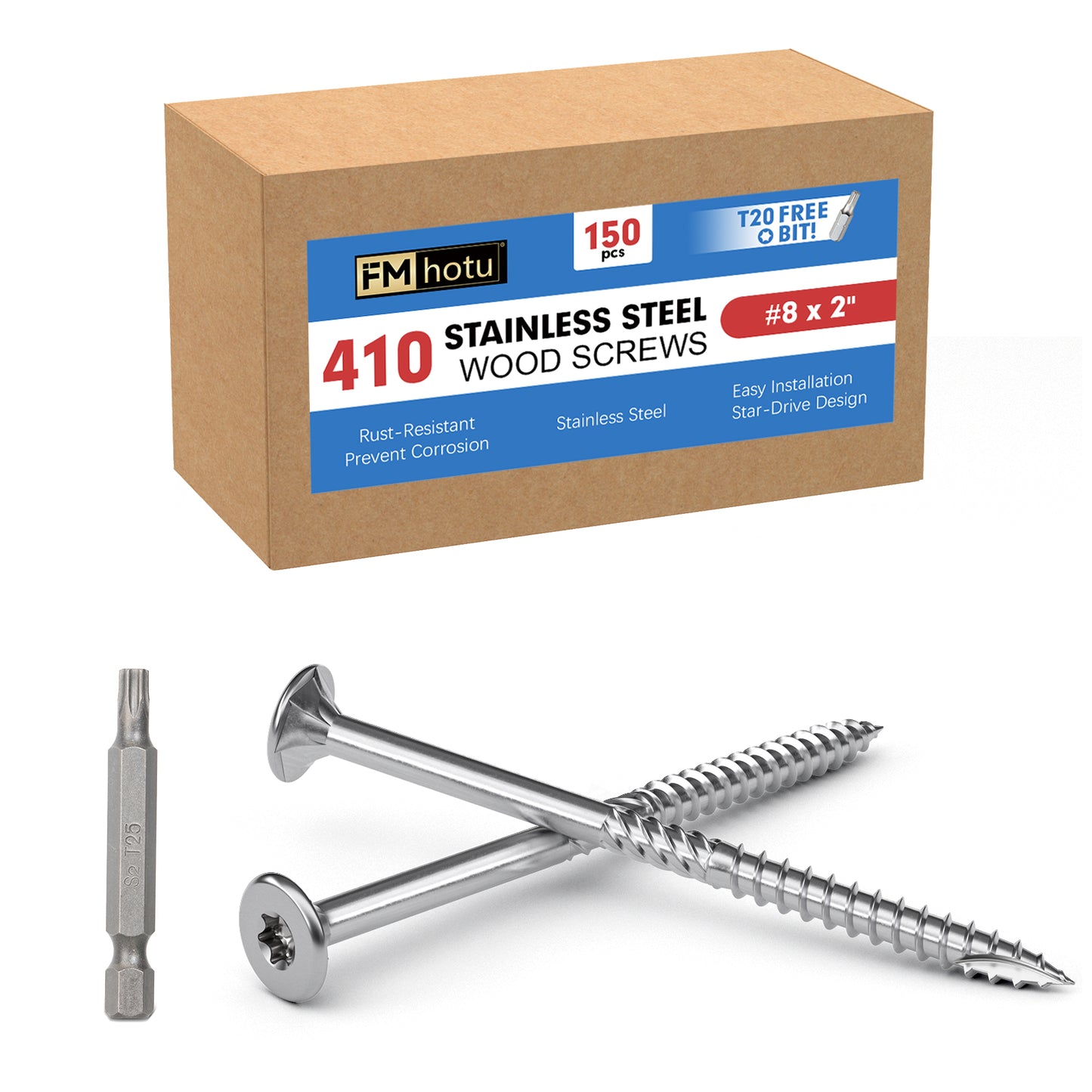 #8 x 2" Stainless Steel Deck Screws, Deck Screws T20 Star Bit, 410 Grade Stainless Steel, Rust Resistant Timber Screws for Log Landscaping Wood