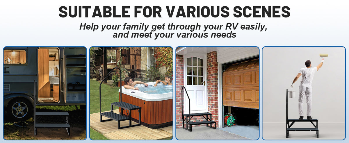 RV Steps with Handrail, 2 Steps with 1 Handrail Hot Tub Steps with Non-Slip Mats