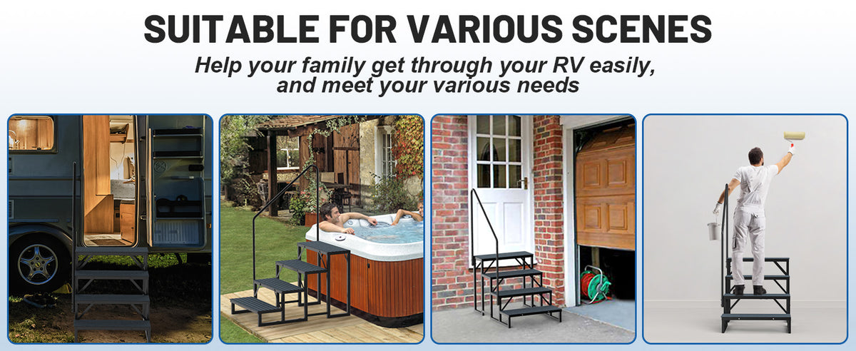 RV Steps with Handrail, 4 Steps with 1 Handrail Hot Tub Steps with Non-Slip Mats