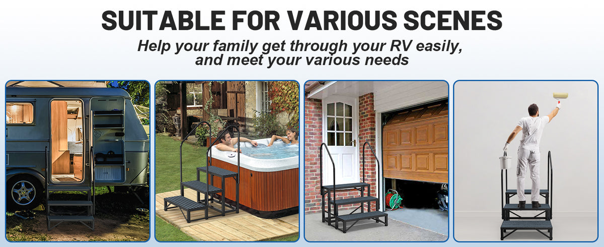 RV Steps with Handrail, 3 Steps with 2 Handrail Hot Tub Steps with Non-Slip Mats
