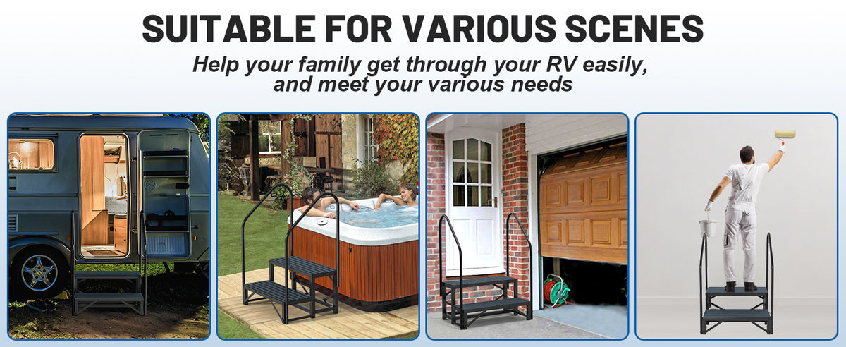 RV Steps with Handrail, 2 Steps with 2 Handrail Hot Tub Steps with Non-Slip Mats