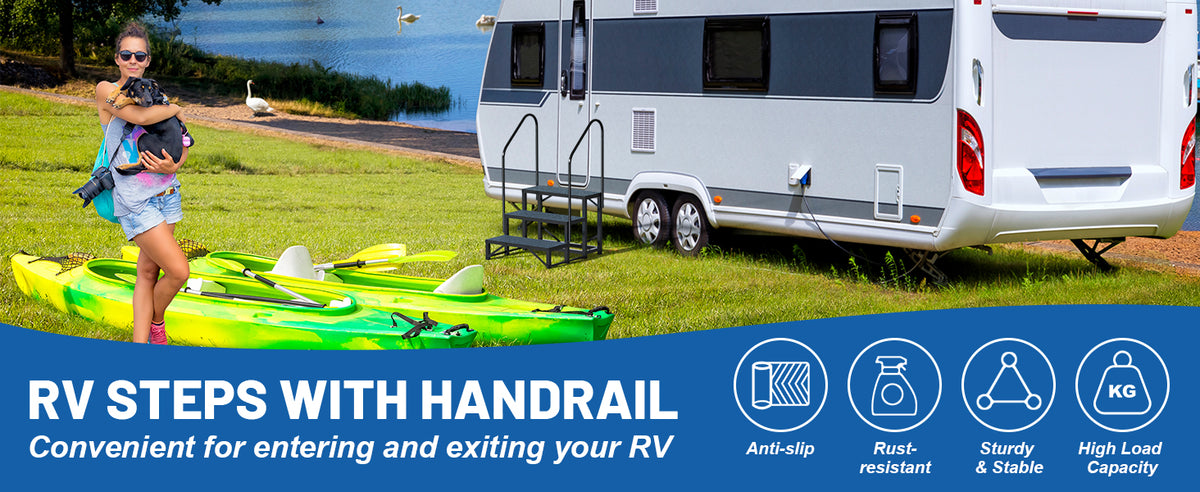 RV Steps with Handrail, 3 Steps with 2 Handrail Hot Tub Steps with Non-Slip Mats