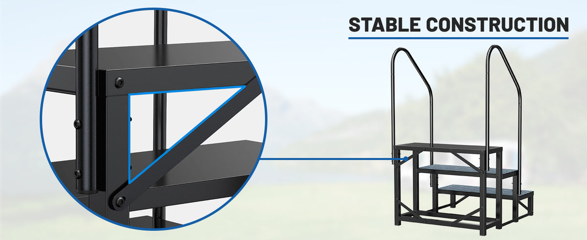 RV Steps with Handrail, 3 Steps with 2 Handrail Hot Tub Steps with Non-Slip Mats