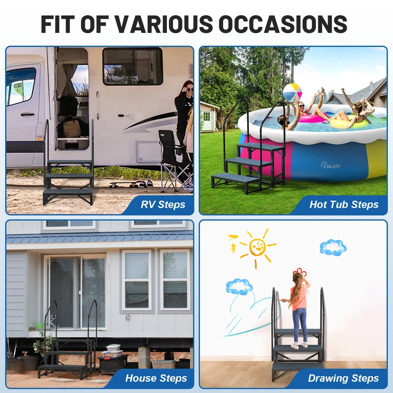 RV Steps with Handrail, 3 Steps with 2 Handrail Hot Tub Steps with Non-Slip Mats