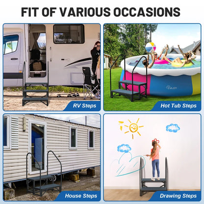 RV Steps with Handrail, 2 Steps with 2 Handrail Hot Tub Steps with Non-Slip Mats