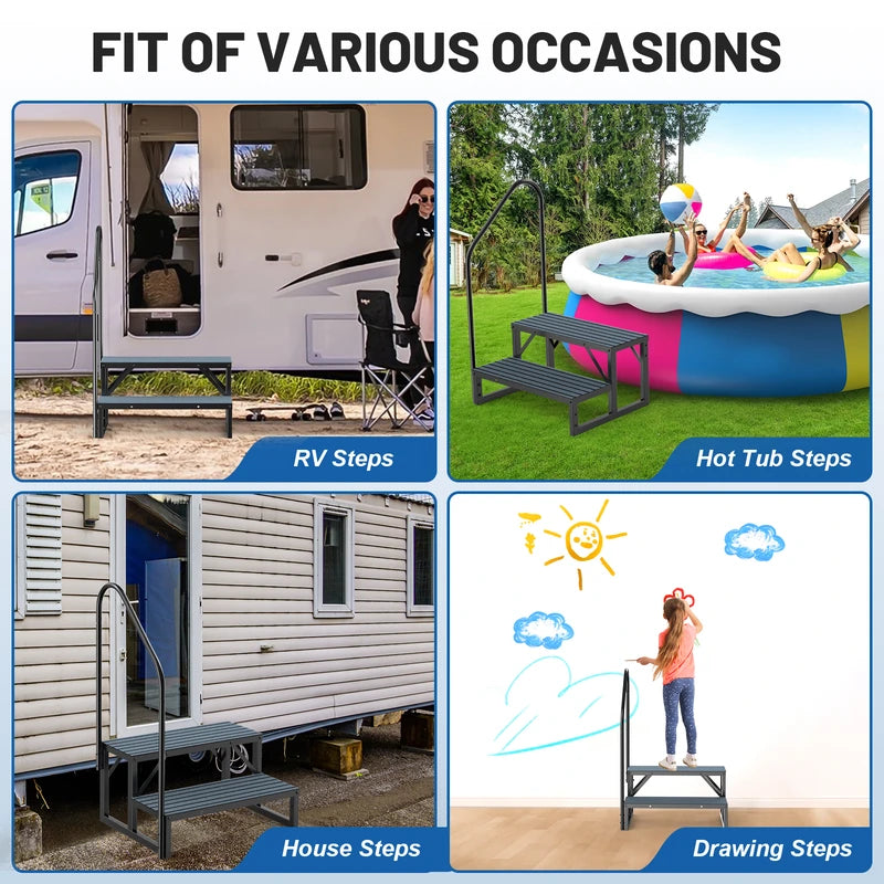RV Steps with Handrail, 2 Steps with 1 Handrail Hot Tub Steps with Non-Slip Mats